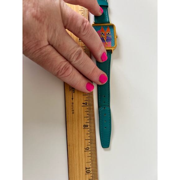 Rare Vintage Laurel Burch Wild Cat Watch Teal Strap Brushed Gold Case - Picture 7 of 8